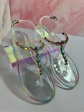Bamboo T-Strap Iridescent Gemstone Sandals